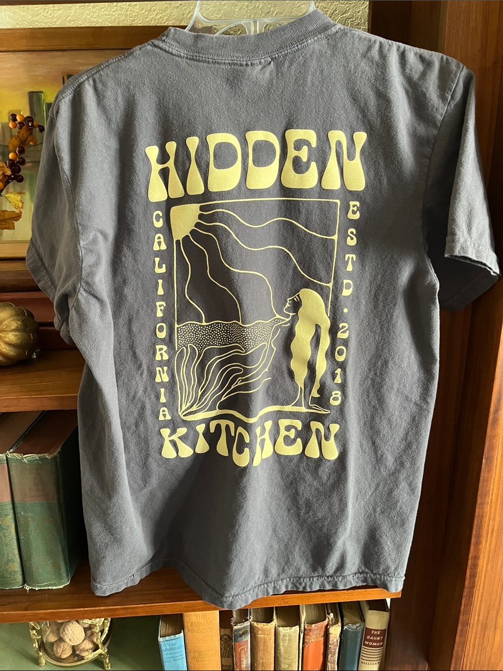 Comfort Colors Grey T-Shirt with Yellow Graphic - Hidden Kitchen/Cayoucus, CA.